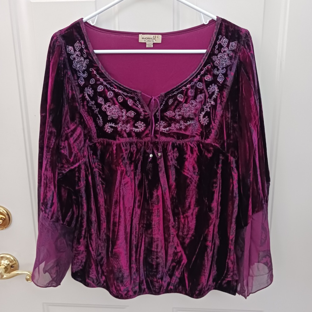 One World Plum Purple Velvet Burnout Paisley Embroidered Peasant Top Large